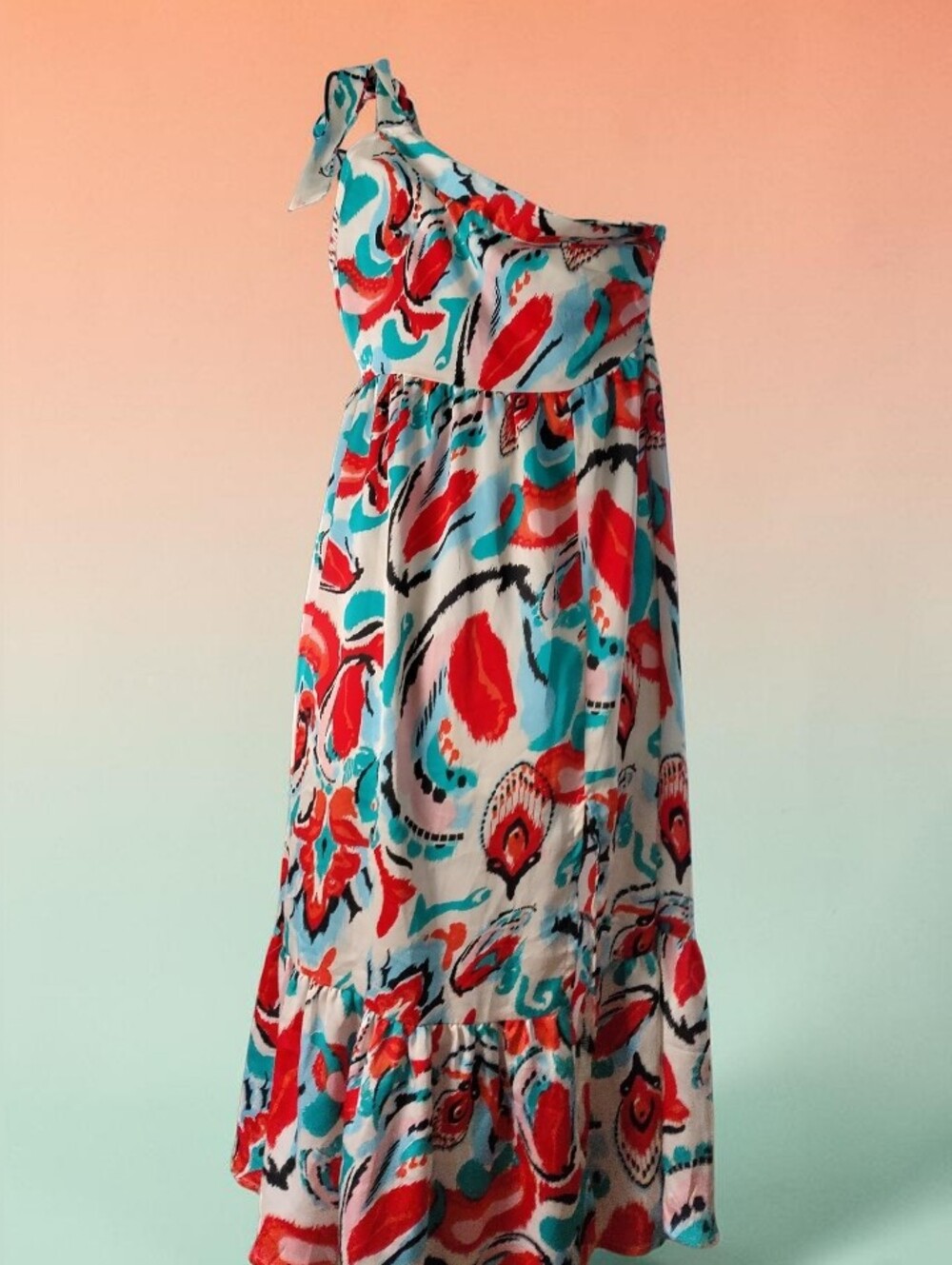 TCEC One-Shoulder Coral & Aqua Print Maxi Dress Size Small - Picture 3 of 5